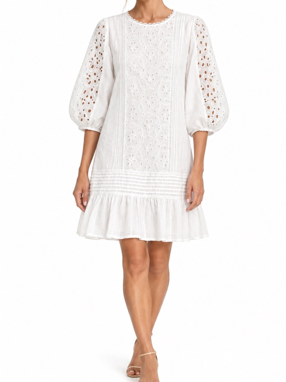 POL cotton linen white eyelet boho drop waist flowy mini dress sz medium
